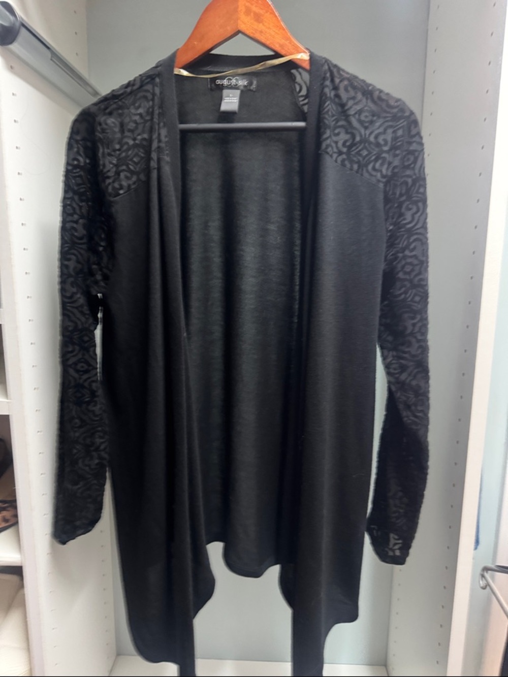 august silk Black Open-Front Cardigan with Sheer Patterned Sleeves